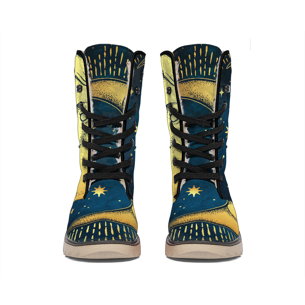 Vintage Moon And Sun Print Winter Boots