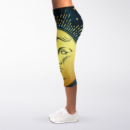 Vintage Moon And Sun Print Women's Capri Leggings