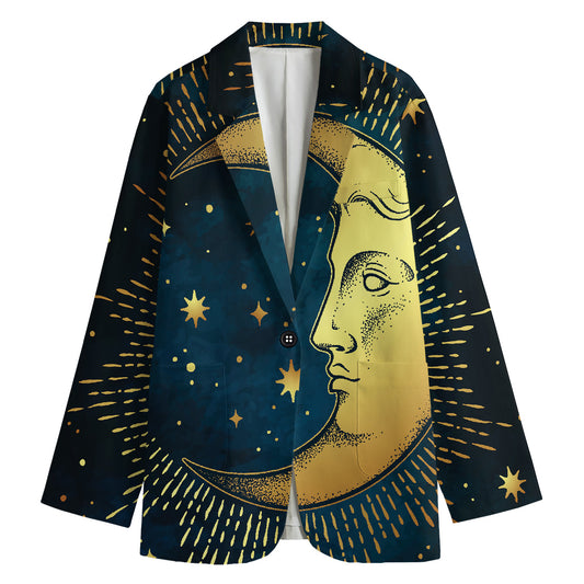 Vintage Moon And Sun Print Women's Cotton Blazer