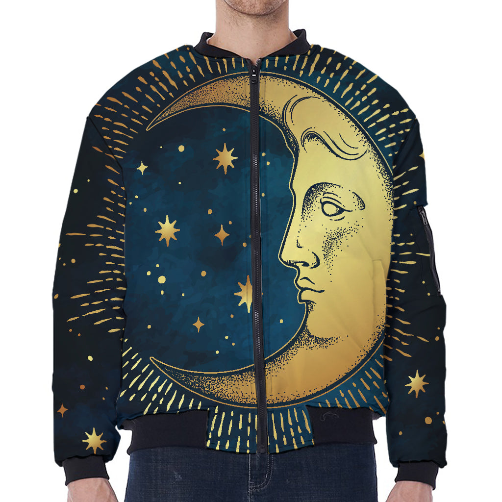 Vintage Moon And Sun Print Zip Sleeve Bomber Jacket