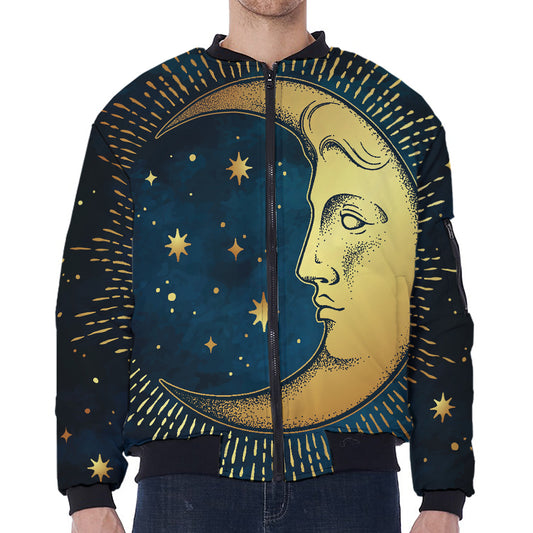 Vintage Moon And Sun Print Zip Sleeve Bomber Jacket