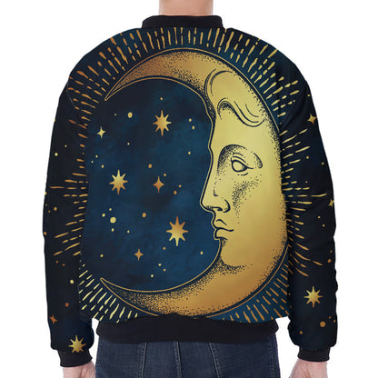 Vintage Moon And Sun Print Zip Sleeve Bomber Jacket
