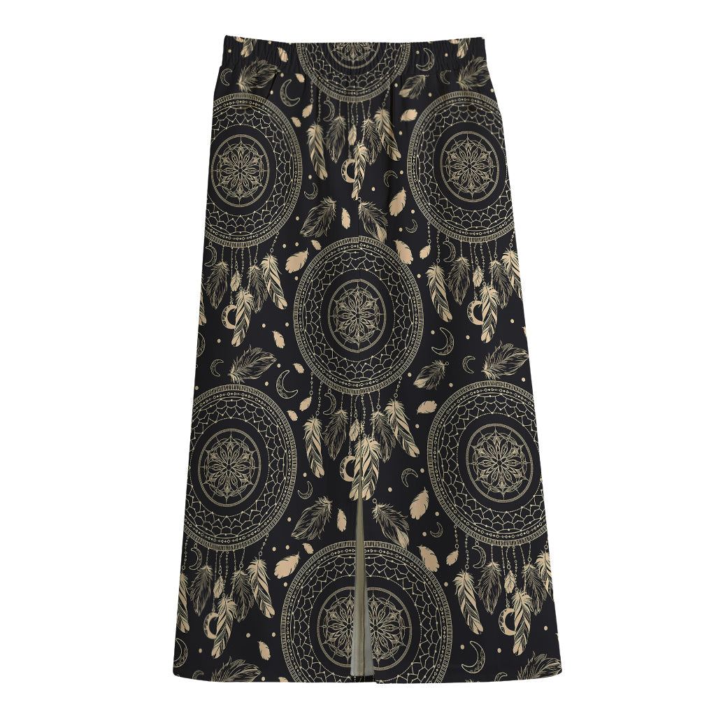 Vintage Native Dream Catcher Print Cotton Front Slit Maxi Skirt
