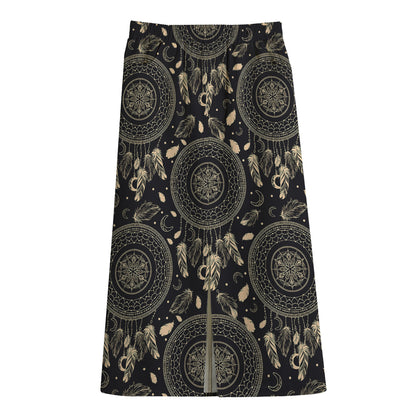 Vintage Native Dream Catcher Print Cotton Front Slit Maxi Skirt