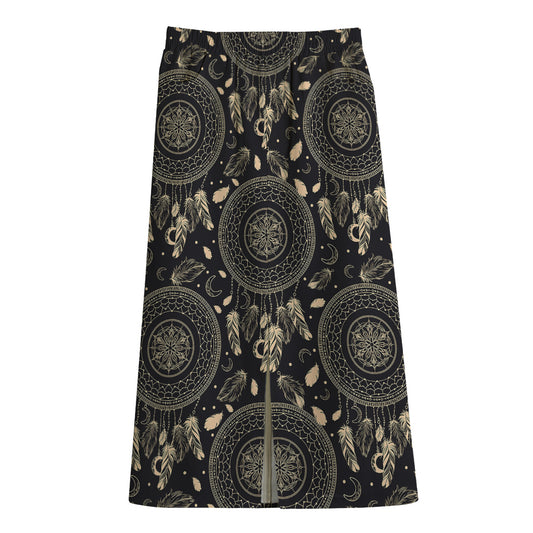 Vintage Native Dream Catcher Print Cotton Front Slit Maxi Skirt