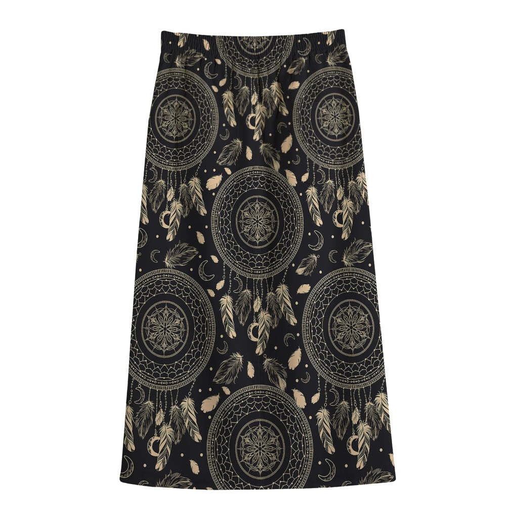 Vintage Native Dream Catcher Print Cotton Front Slit Maxi Skirt