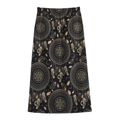 Vintage Native Dream Catcher Print Cotton Front Slit Maxi Skirt