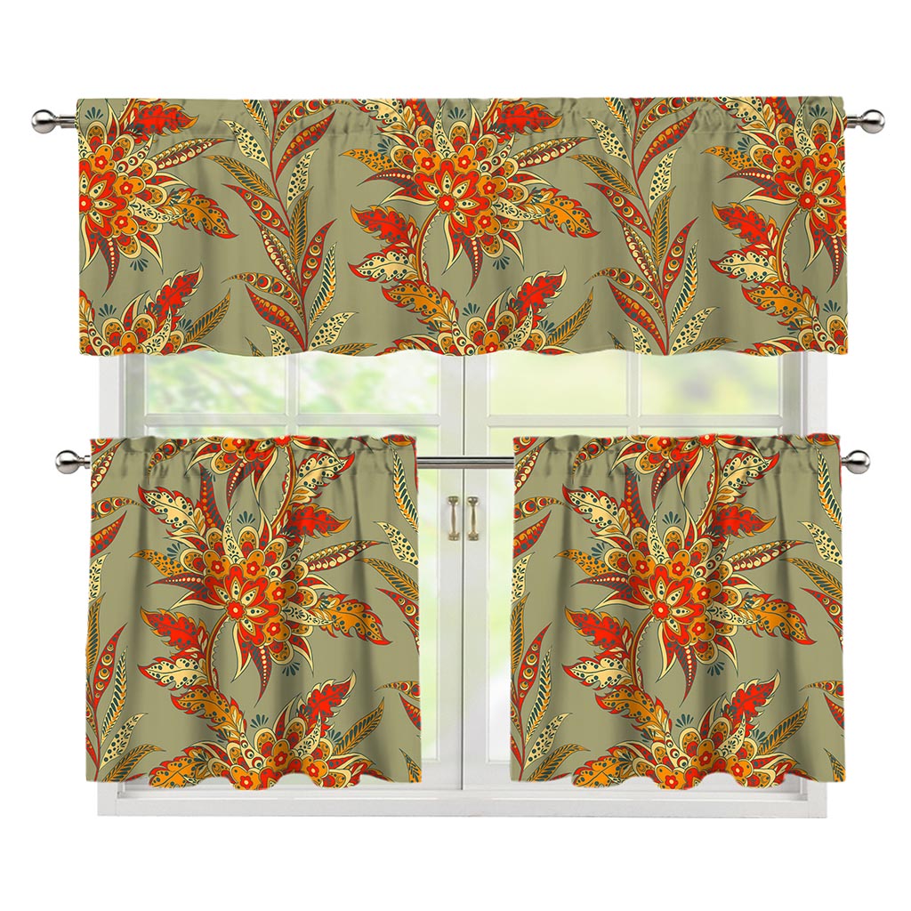 Vintage Orange Bohemian Floral Print 3 Piece Kitchen Curtains