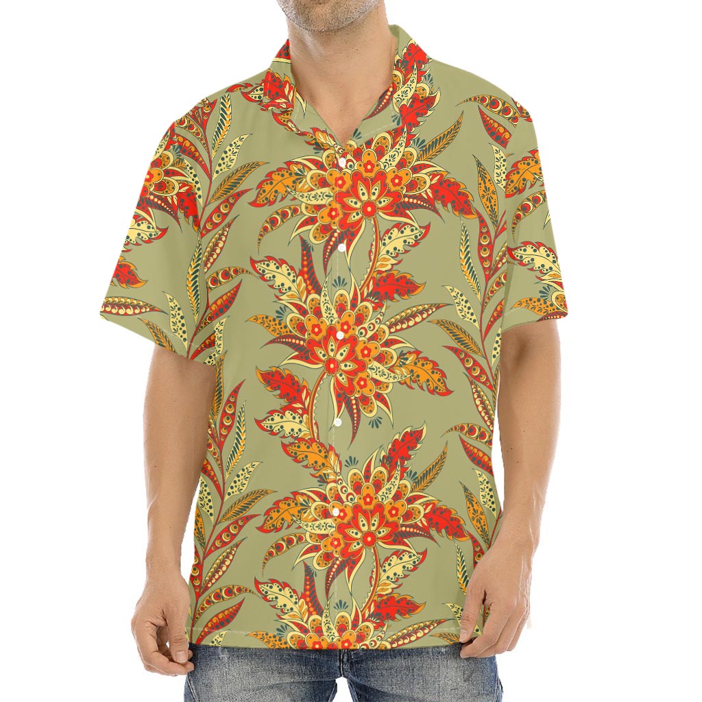 Vintage Orange Bohemian Floral Print Aloha Shirt