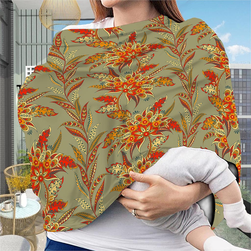 Vintage Orange Bohemian Floral Print Baby Seat Cover