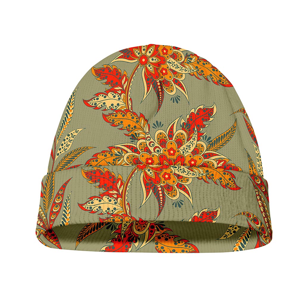 Vintage Orange Bohemian Floral Print Beanie