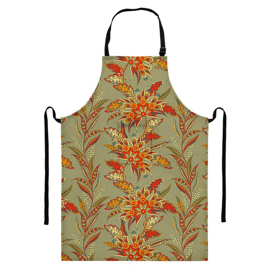 Vintage Orange Bohemian Floral Print Bib Apron With Pocket