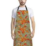 Vintage Orange Bohemian Floral Print Bib Apron With Pocket