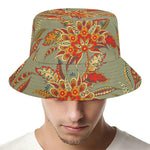 Vintage Orange Bohemian Floral Print Bucket Hat