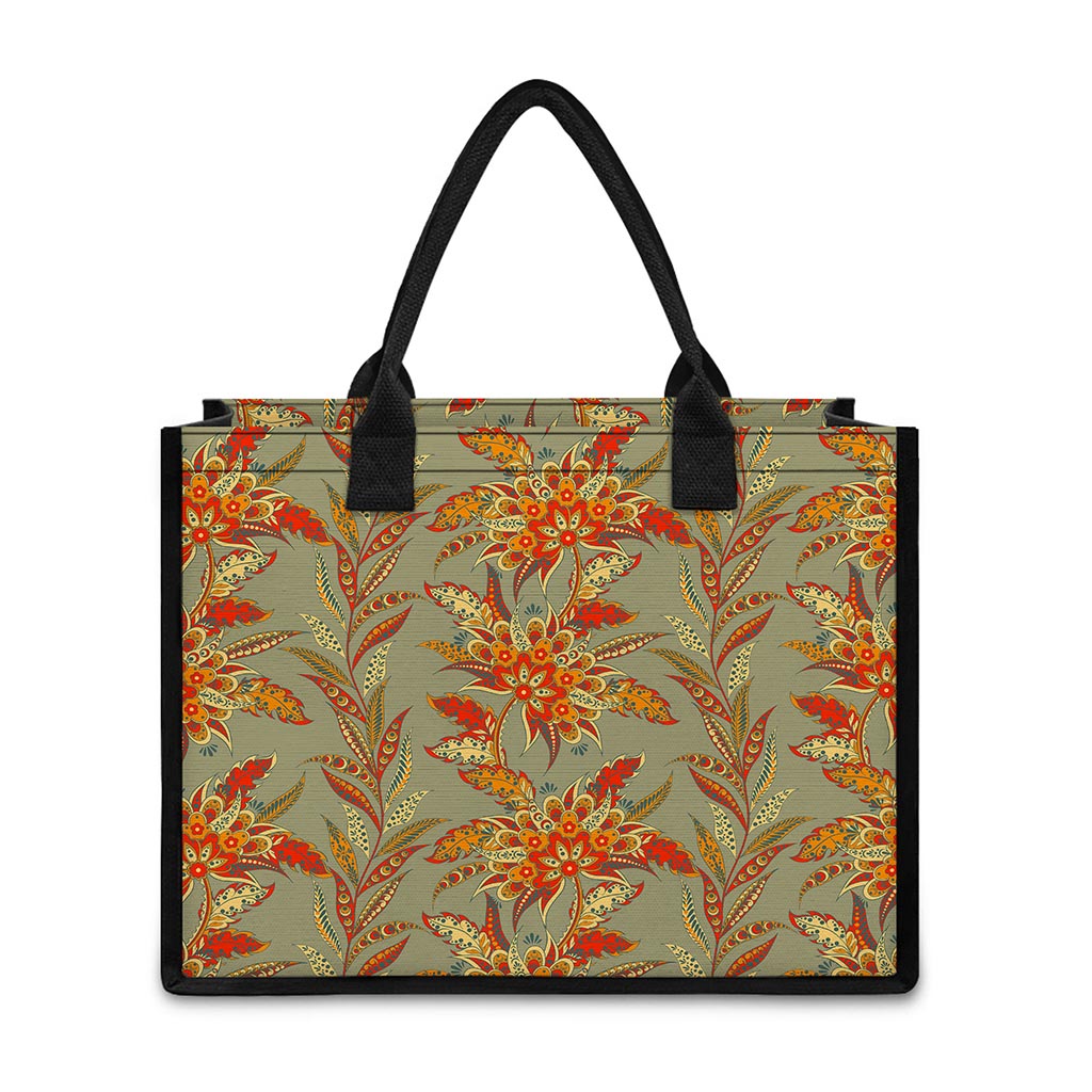 Vintage Orange Bohemian Floral Print Canvas Tote Bag