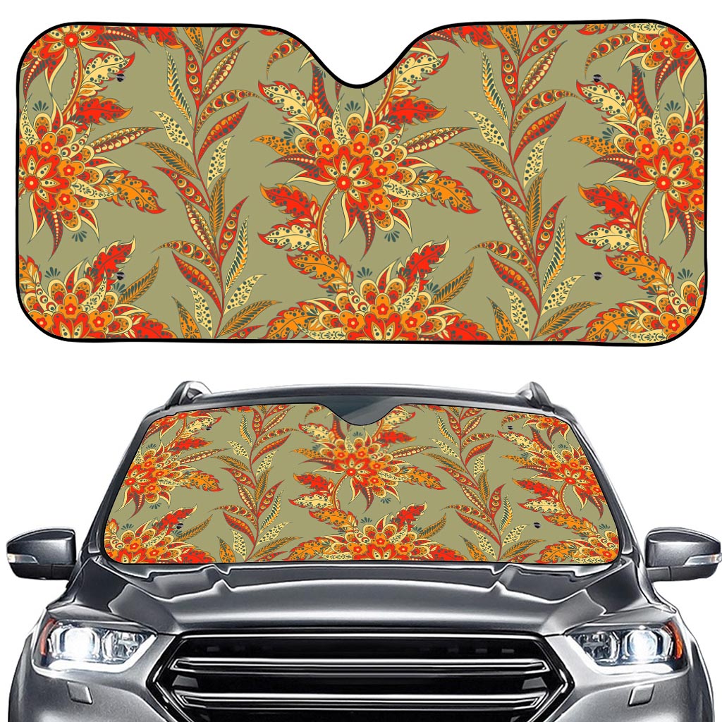 Vintage Orange Bohemian Floral Print Car Windshield Sun Shade