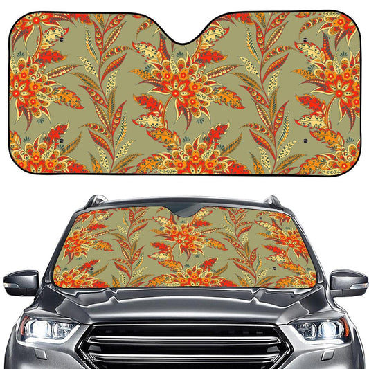 Vintage Orange Bohemian Floral Print Car Windshield Sun Shade