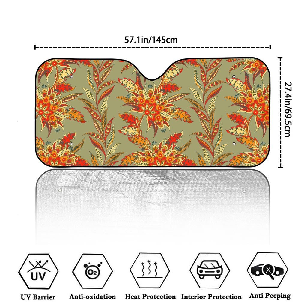 Vintage Orange Bohemian Floral Print Car Windshield Sun Shade