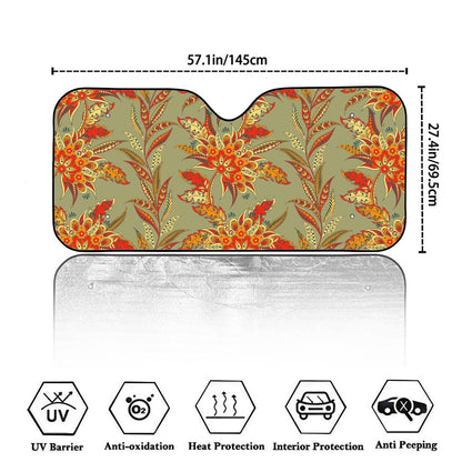 Vintage Orange Bohemian Floral Print Car Windshield Sun Shade