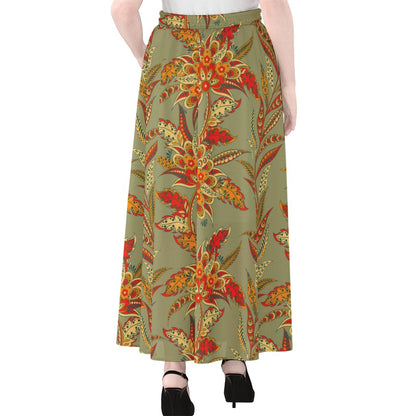 Vintage Orange Bohemian Floral Print Chiffon Maxi Skirt