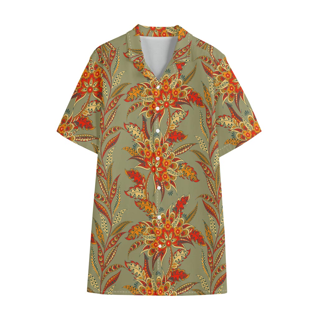 Vintage Orange Bohemian Floral Print Cotton Hawaiian Shirt