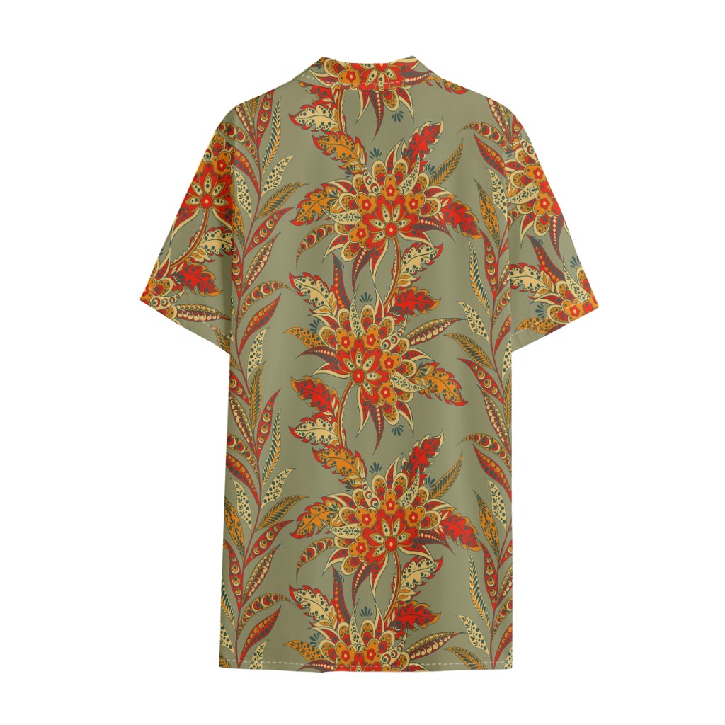 Vintage Orange Bohemian Floral Print Cotton Hawaiian Shirt