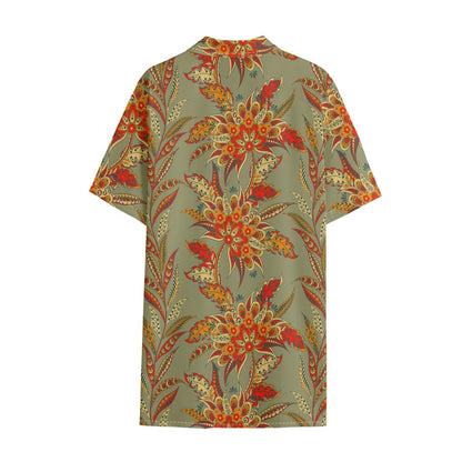 Vintage Orange Bohemian Floral Print Cotton Hawaiian Shirt