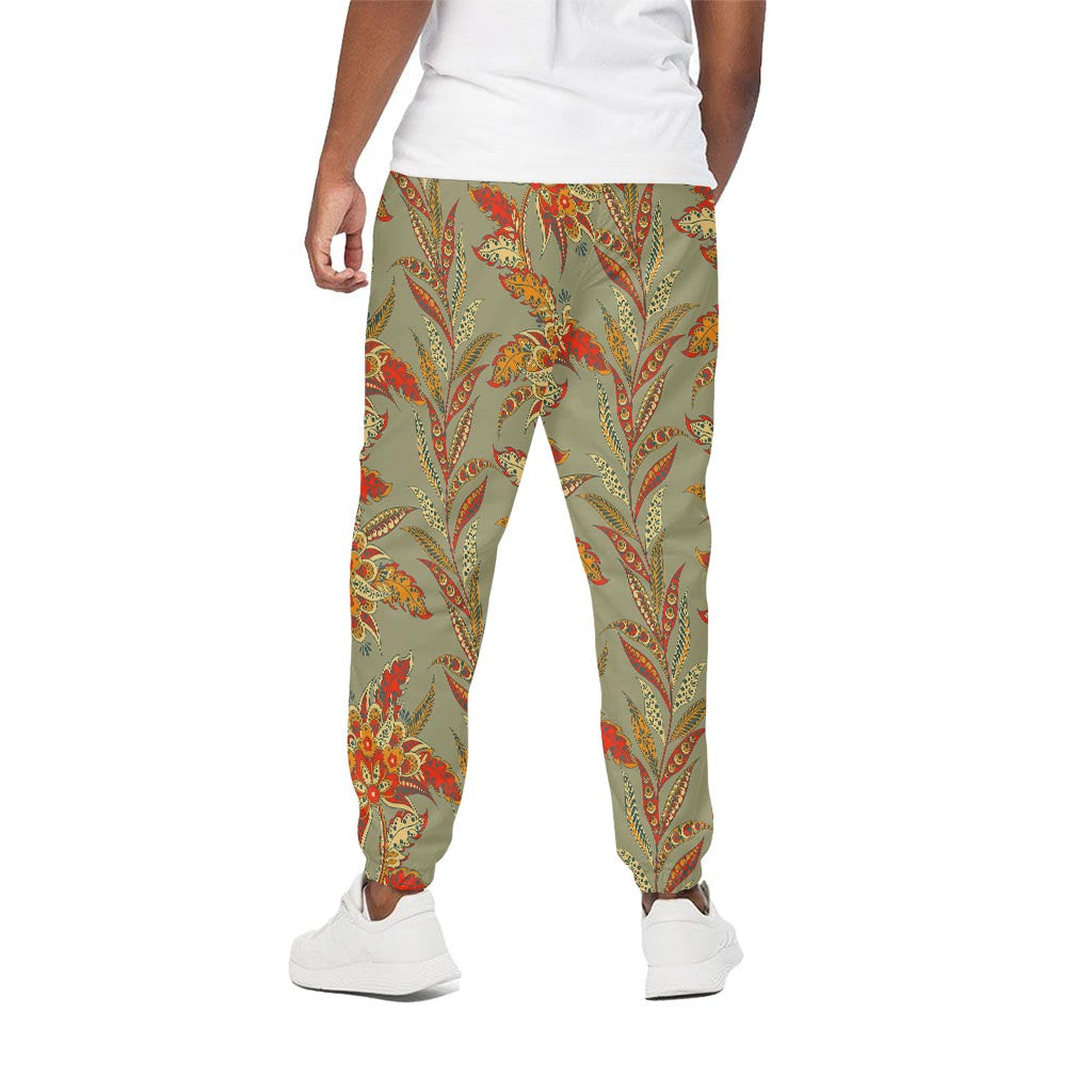Vintage Orange Bohemian Floral Print Cotton Pants