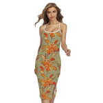 Vintage Orange Bohemian Floral Print Cross Back Cami Dress