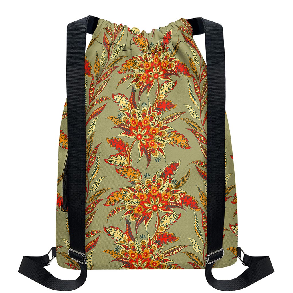 Vintage Orange Bohemian Floral Print Drawstring Backpack