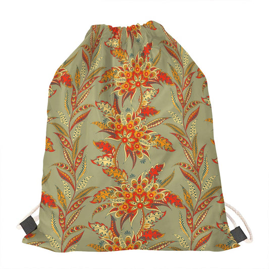 Vintage Orange Bohemian Floral Print Drawstring Bag