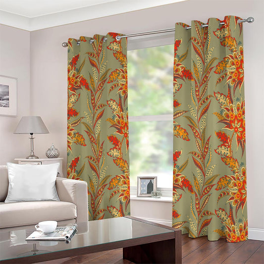 Vintage Orange Bohemian Floral Print Extra Wide Grommet Curtains