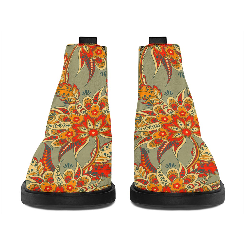 Vintage Orange Bohemian Floral Print Flat Ankle Boots