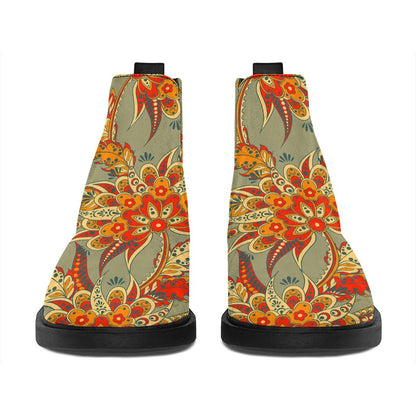Vintage Orange Bohemian Floral Print Flat Ankle Boots
