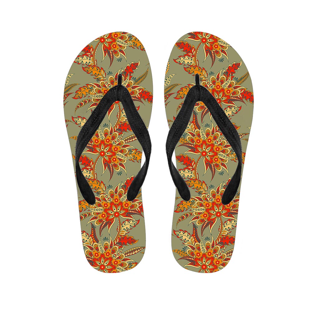 Vintage Orange Bohemian Floral Print Flip Flops