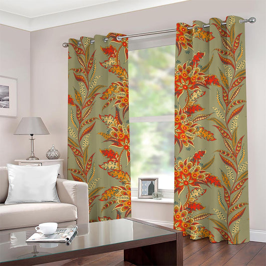 Vintage Orange Bohemian Floral Print Grommet Curtains
