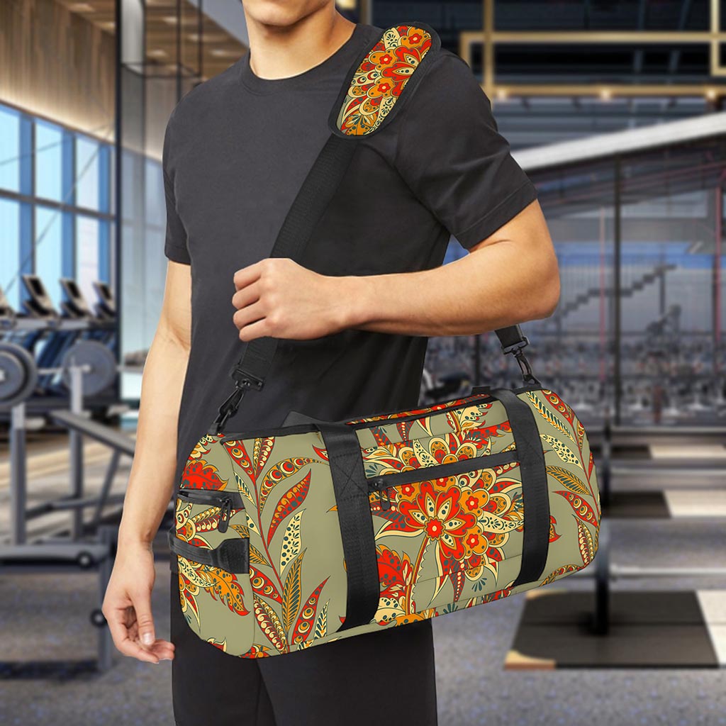Vintage Orange Bohemian Floral Print Gym Bag