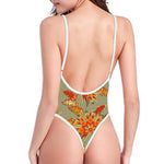 Vintage Orange Bohemian Floral Print High Cut One Piece Swimsuit