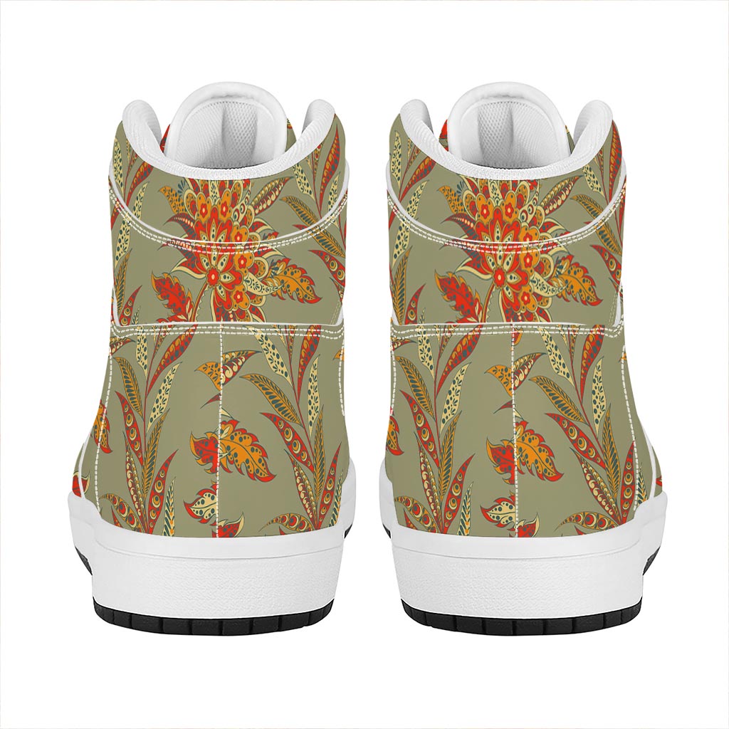 Vintage Orange Bohemian Floral Print High Top Leather Sneakers
