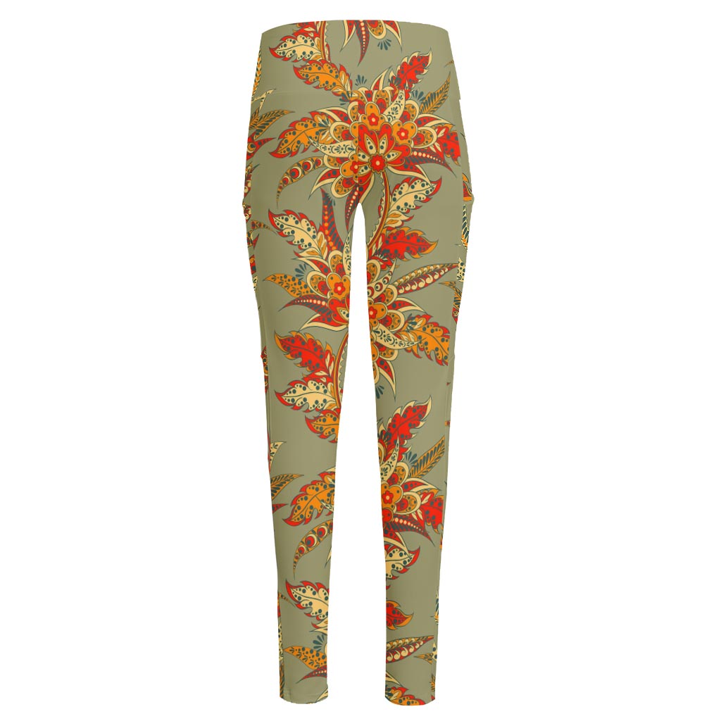 Vintage Orange Bohemian Floral Print High-Waisted Pocket Leggings