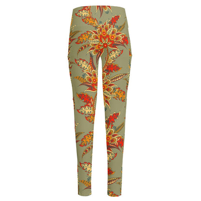 Vintage Orange Bohemian Floral Print High-Waisted Pocket Leggings