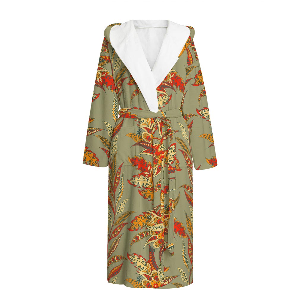 Vintage Orange Bohemian Floral Print Hooded Bathrobe