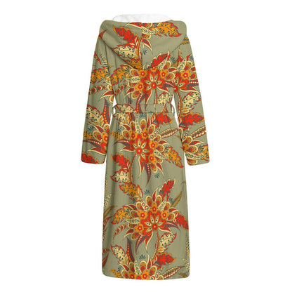 Vintage Orange Bohemian Floral Print Hooded Bathrobe
