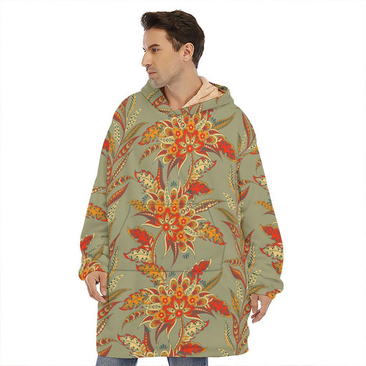 Vintage Orange Bohemian Floral Print Hoodie Blanket