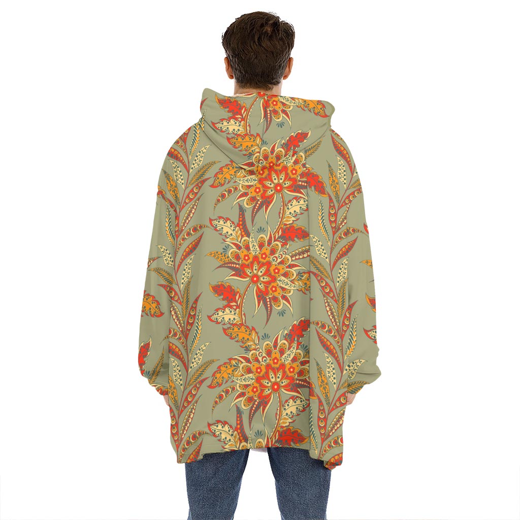 Vintage Orange Bohemian Floral Print Hoodie Blanket