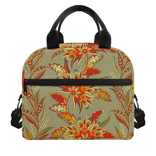 Vintage Orange Bohemian Floral Print Insulated Lunch Bag