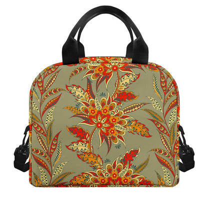 Vintage Orange Bohemian Floral Print Insulated Lunch Bag