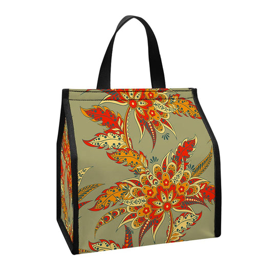 Vintage Orange Bohemian Floral Print Insulated Lunch Tote