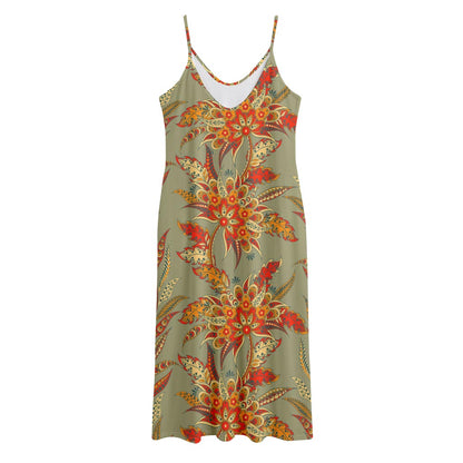 Vintage Orange Bohemian Floral Print Jersey Midi Cami Dress