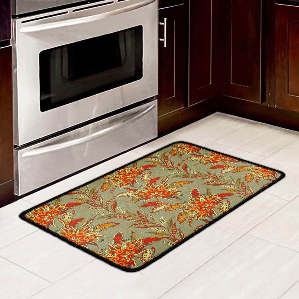 Vintage Orange Bohemian Floral Print Kitchen Mat